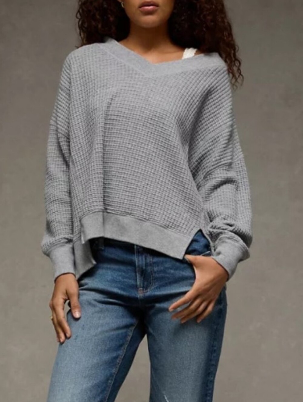 American Eagle Oversized Grey Waffle Knit Top Size Xs